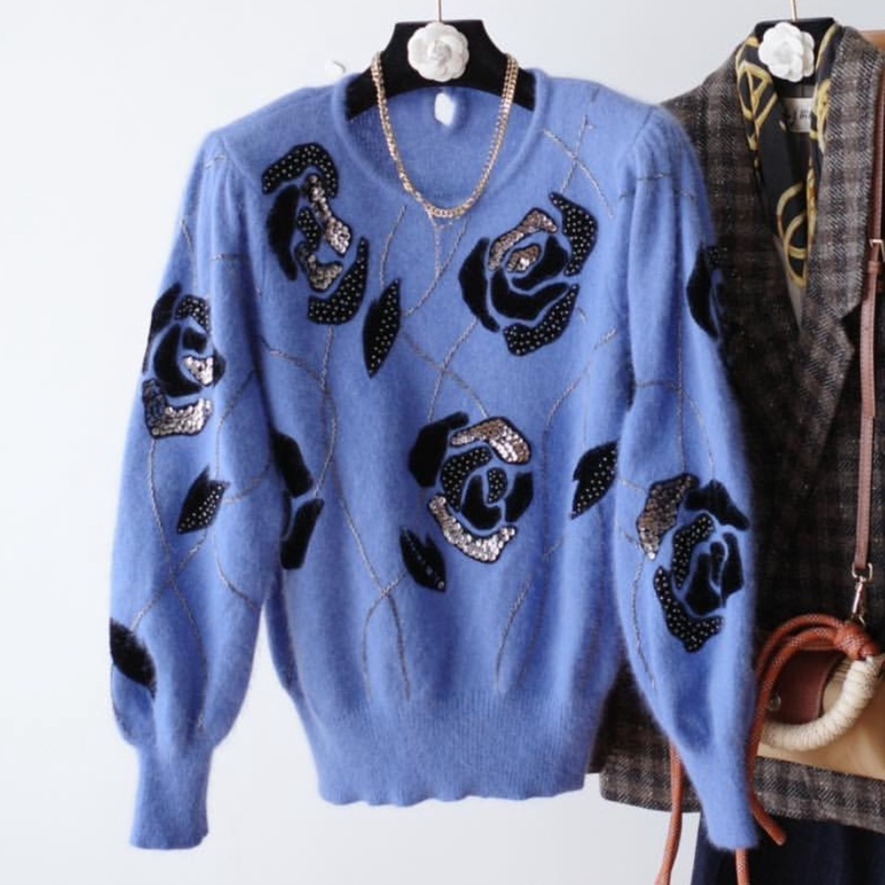 Vintage Japanese Fuzzy Wool Beaded Sweater‎ Blue Pullover with Shoulder Pads